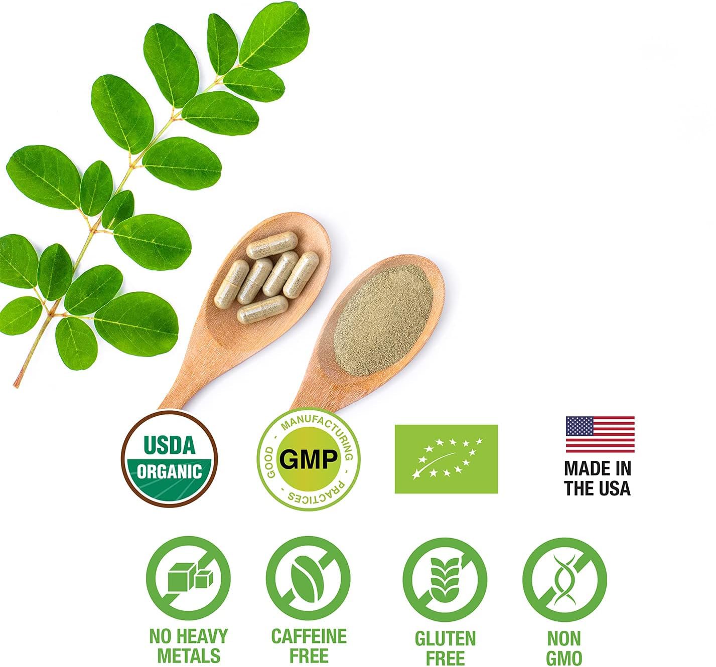 SUPREME HERBALS hojas de moringa en granja sostenible destacando origen orgánico