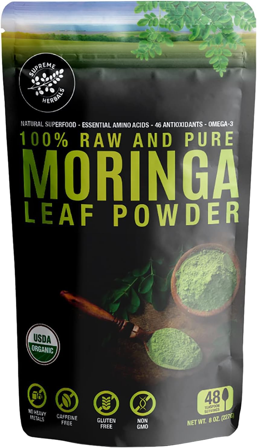 SUPREME HERBALS frente del empaque resellable mostrando certificación orgánica y beneficio nutricional