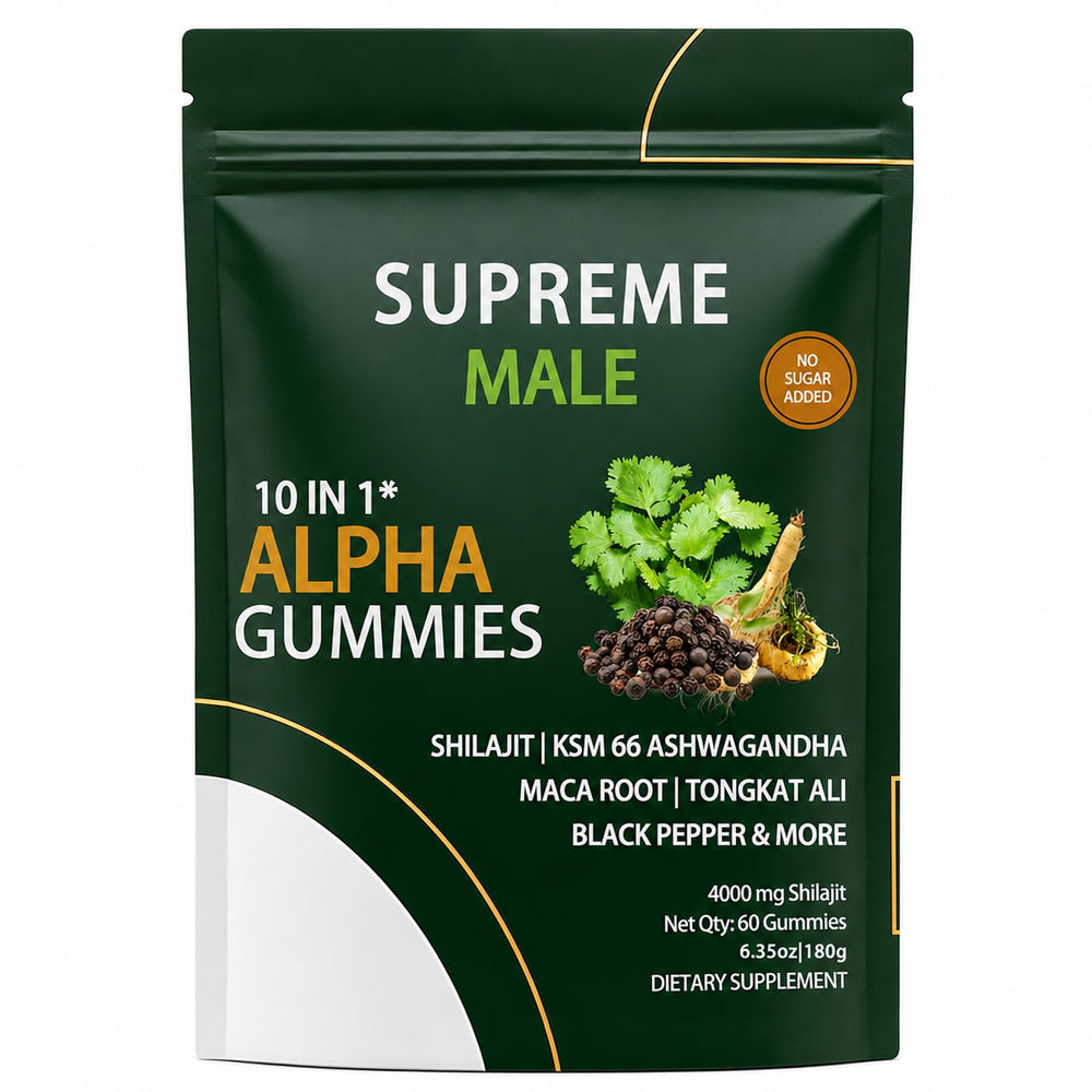 SUPREME MALE envase frontal mostrando 60 gomitas y conveniencia