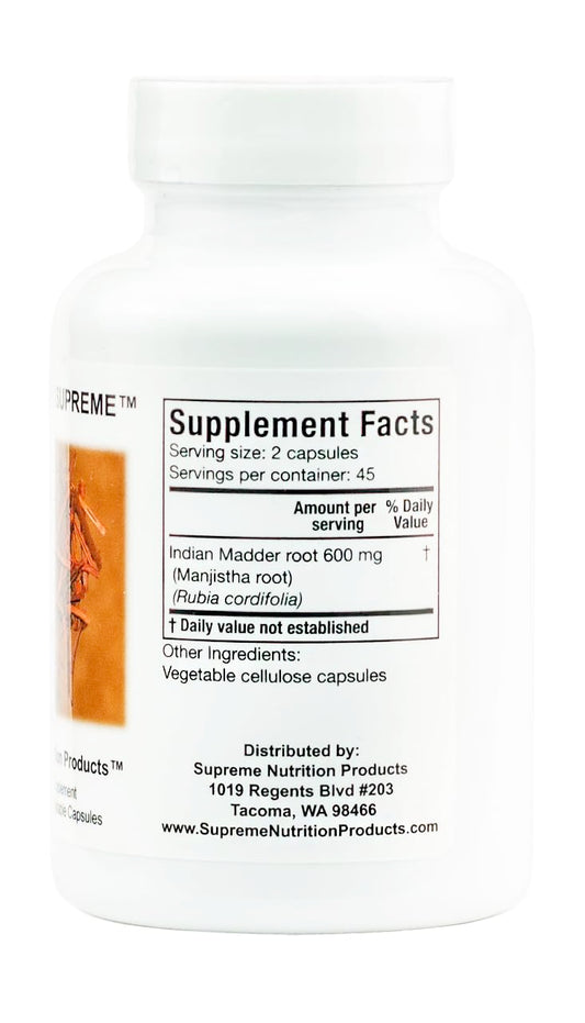 Detalle del polvo de raíz de Manjistha por Supreme Nutrition, pureza visible