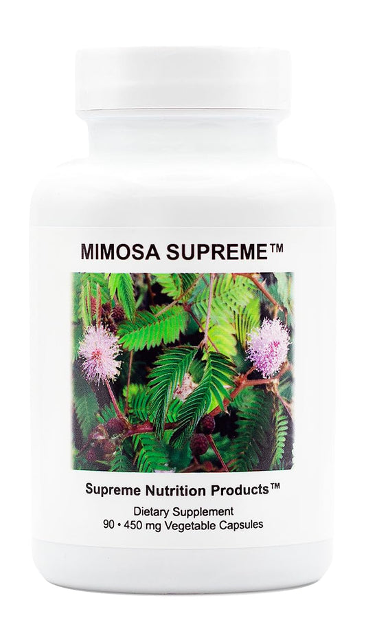 Supreme Nutrition frasco frontal de Mimosa Supreme, envase claro y confiable