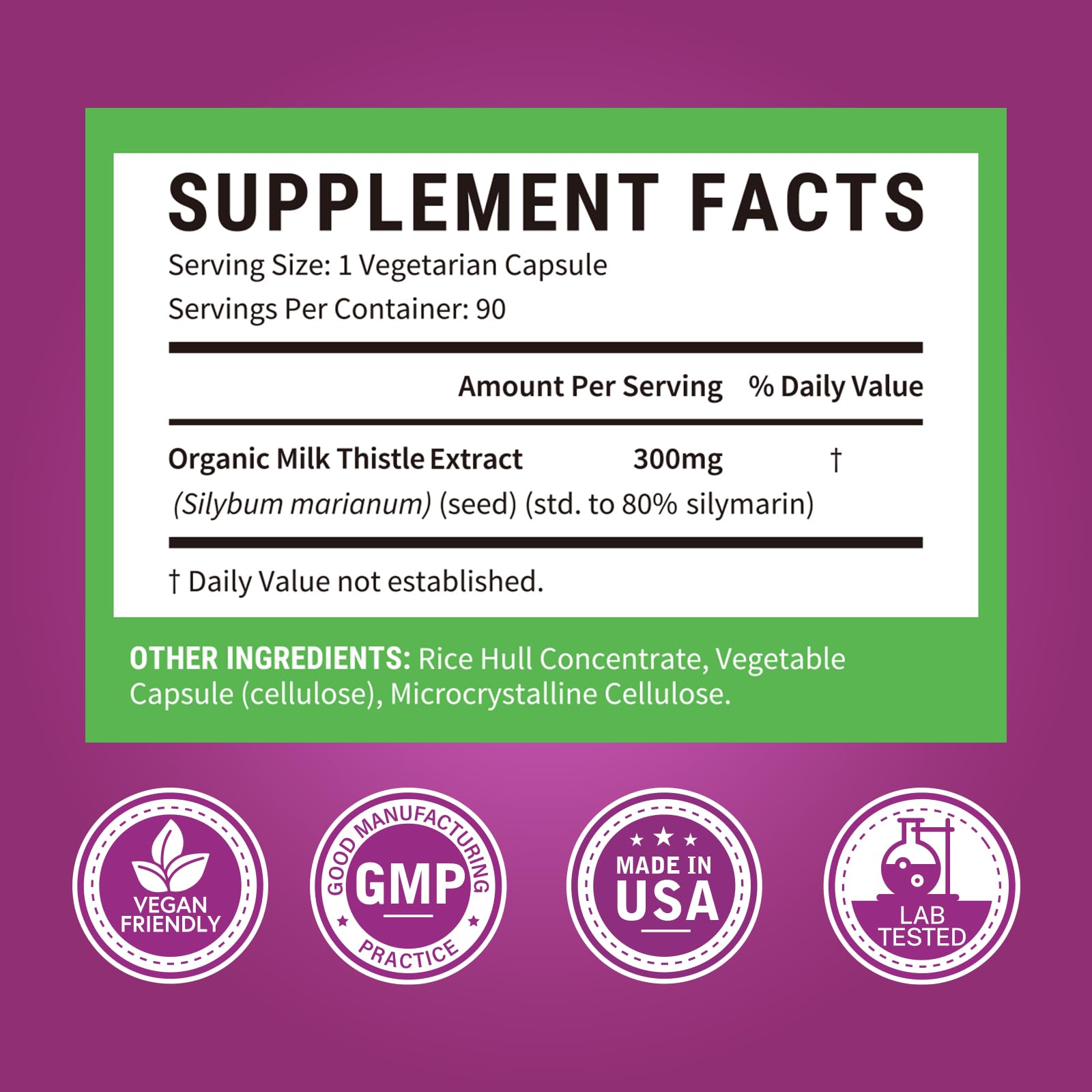 Surebounty etiqueta con datos de 300 mg y 80% silymarin para confianza