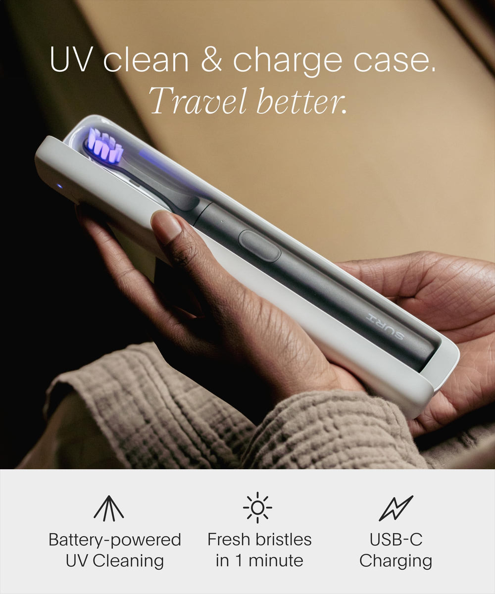 SURI estuche UV-C abierto, limpieza rápida del cabezal en viaje
