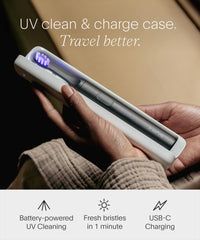 SURI estuche UV-C abierto, limpieza rápida del cabezal en viaje
