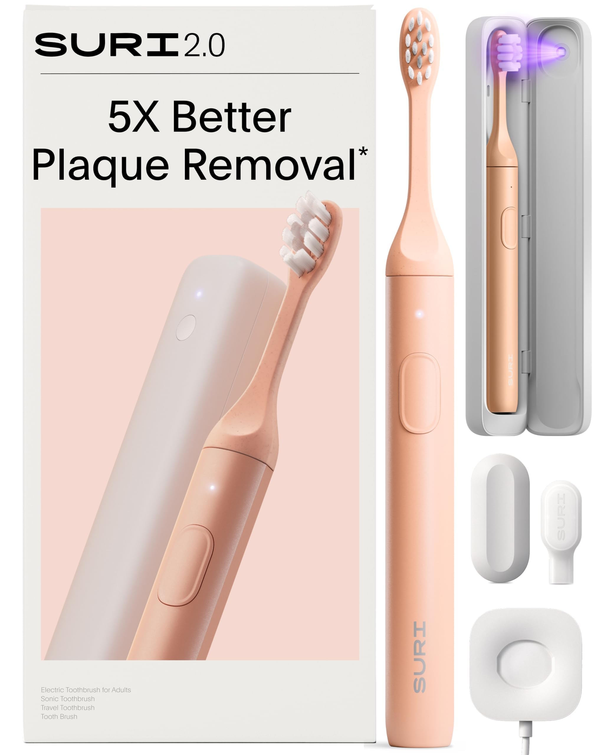 SURI cepillo 2.0 frontal mostrando diseño rosa y beneficios de limpieza
