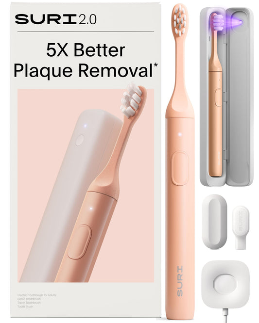 SURI cepillo 2.0 frontal mostrando diseño rosa y beneficios de limpieza