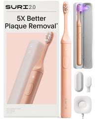 SURI cepillo 2.0 frontal mostrando diseño rosa y beneficios de limpieza