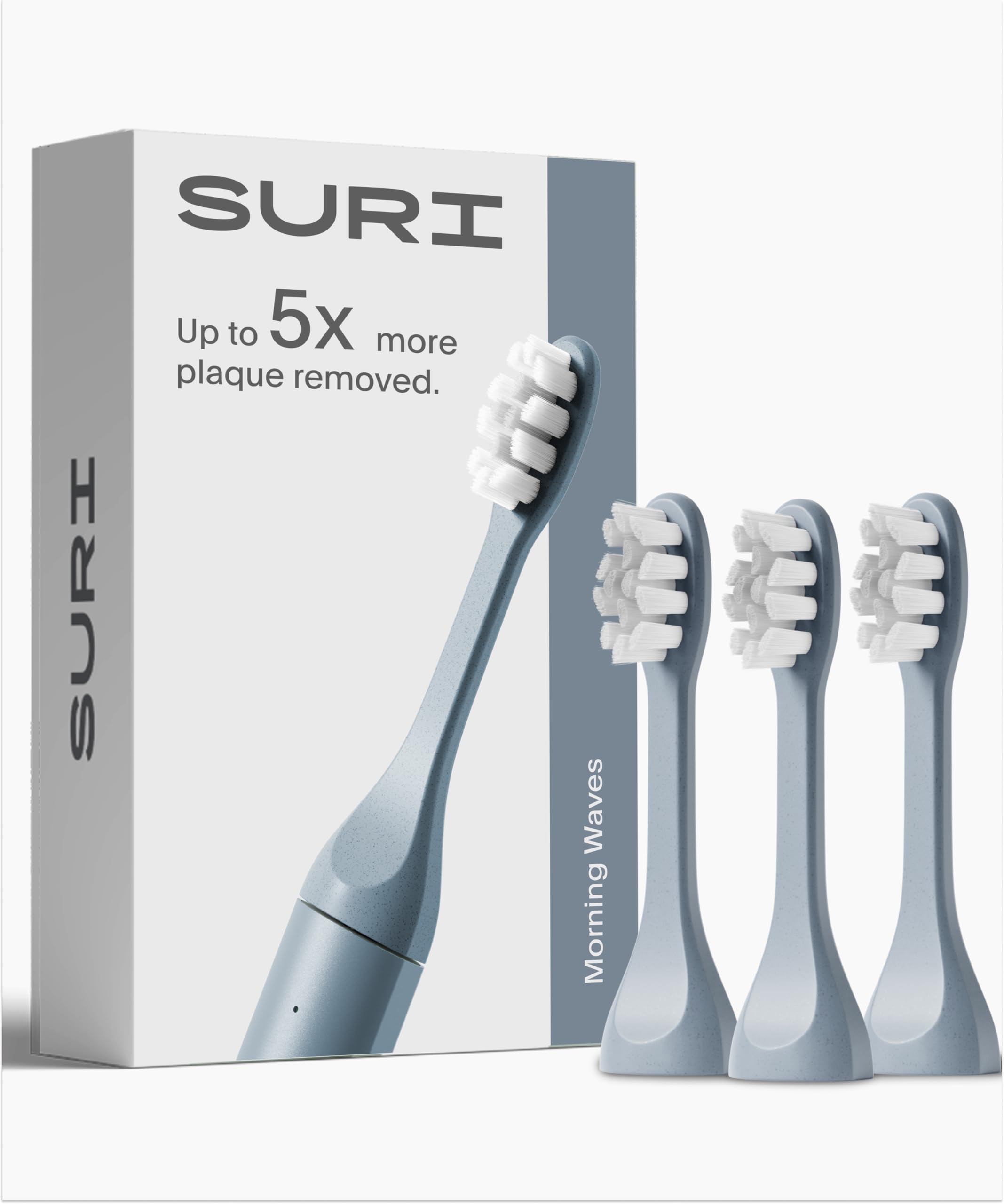 SURI empaque frontal del pack de 3 cabezales Sea Mist con información clara y sostenible