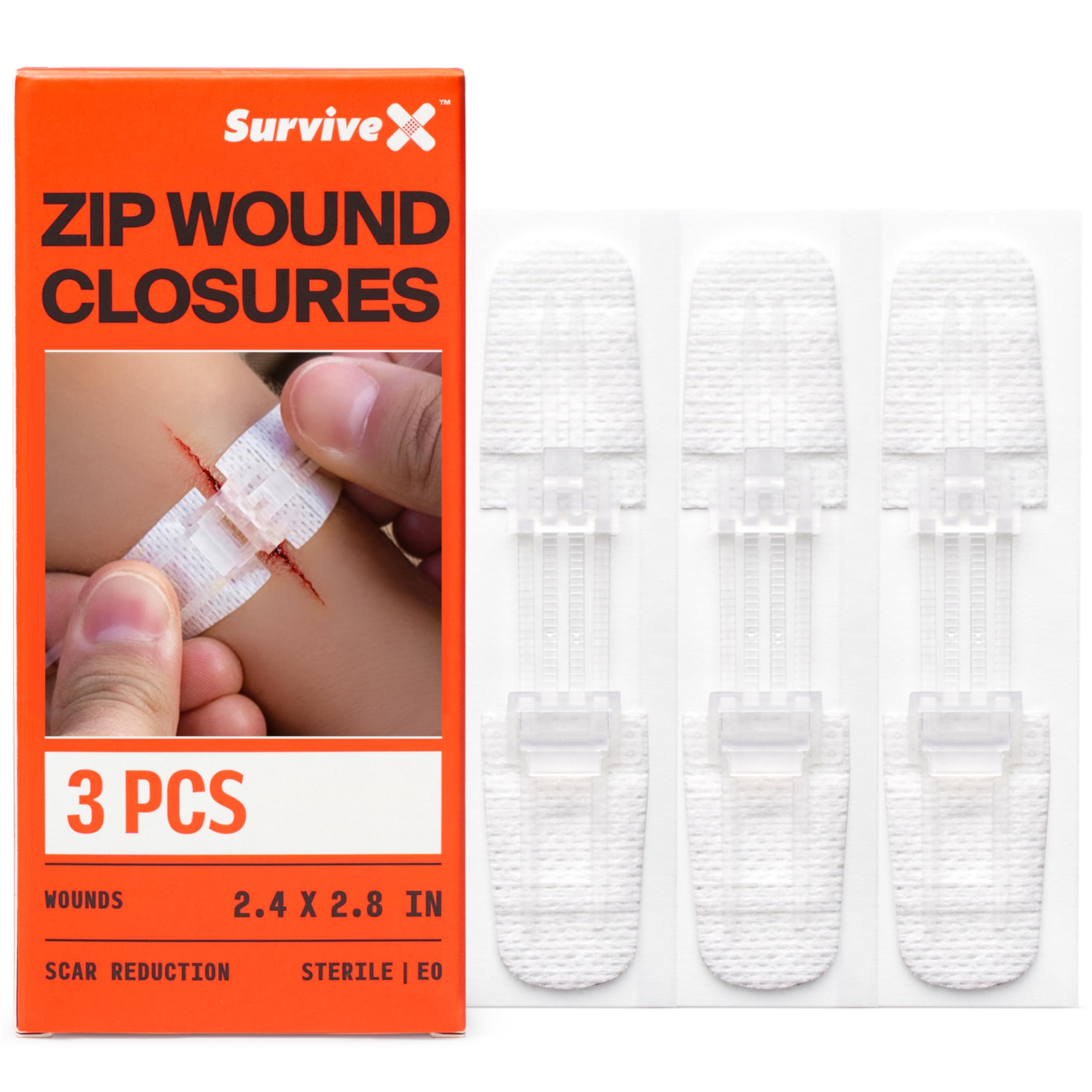 SurviveX caja frontal mostrando pack de 3 y beneficios de emergencia