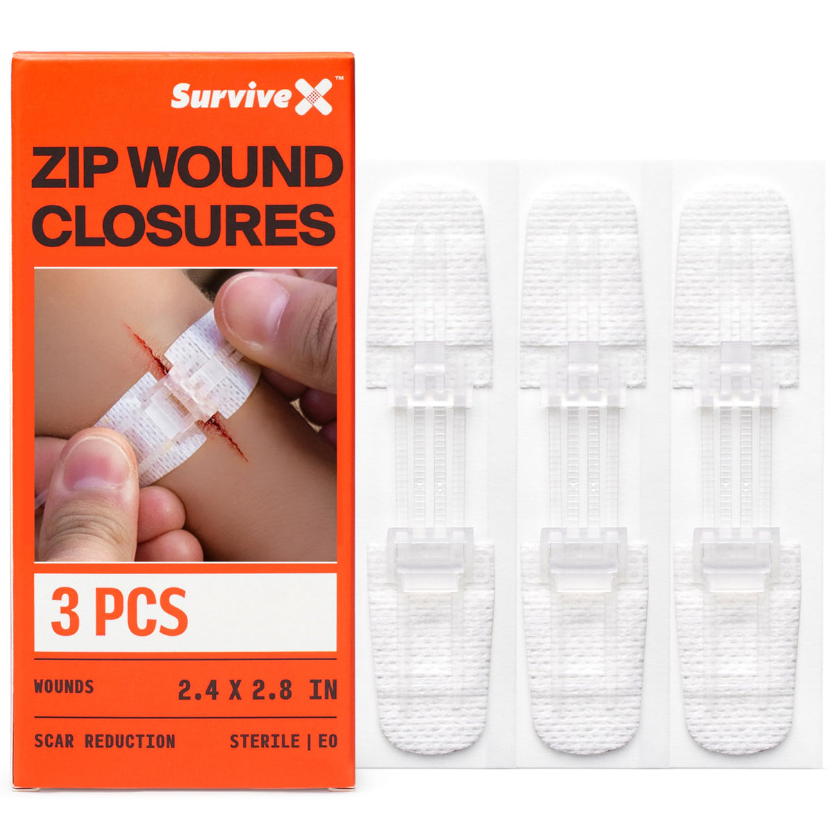 SurviveX caja frontal mostrando pack de 3 y beneficios de emergencia
