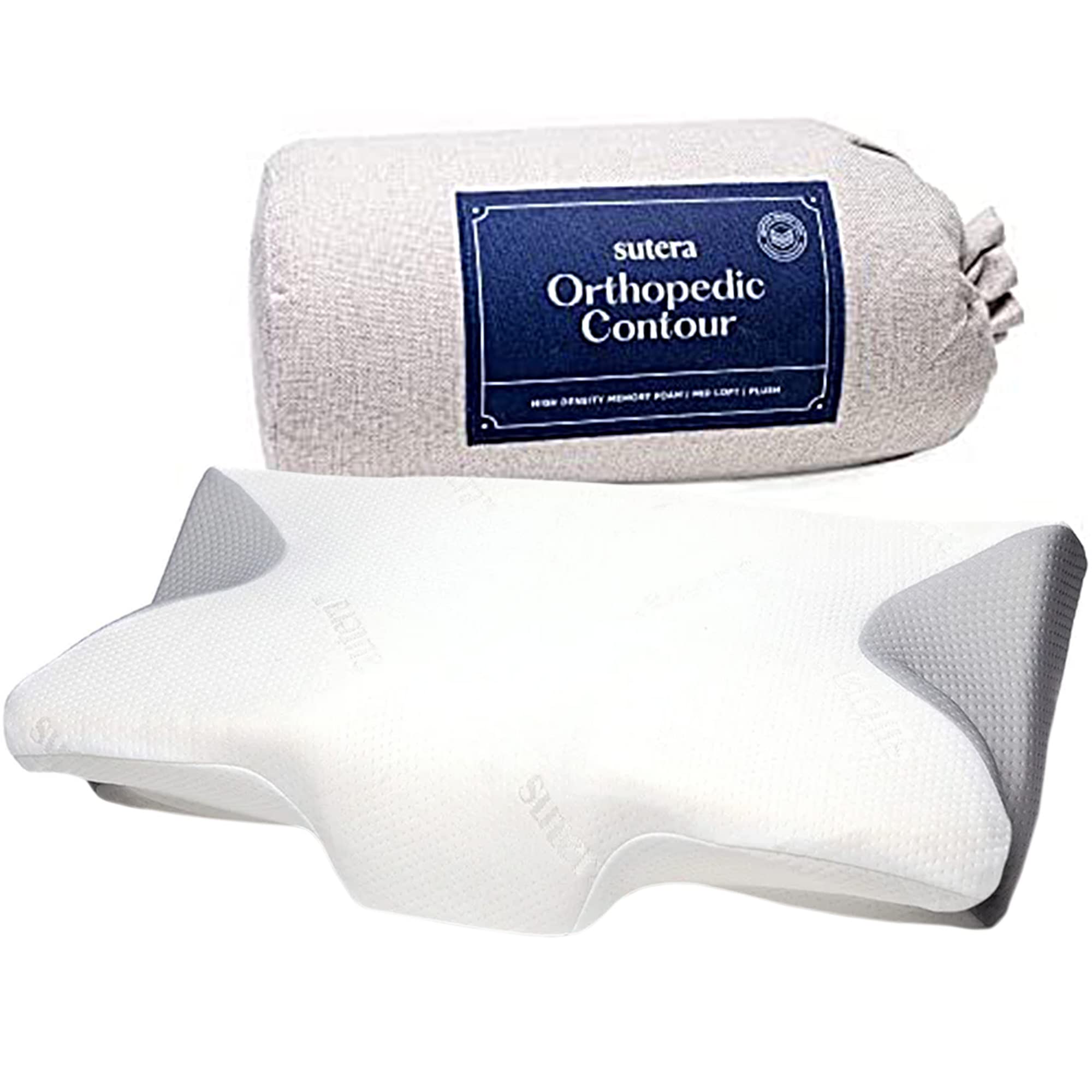 SUTERA almohada vista frontal mostrando contorno y soporte ergonómico
