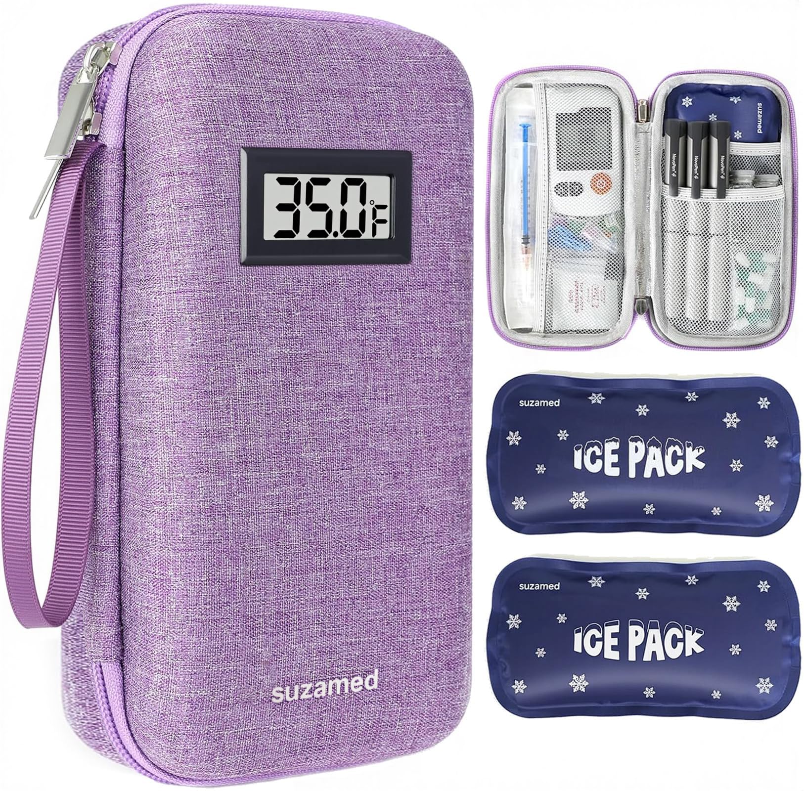 suzamed estuche frontal morado mostrando capacidad y diseño portátil