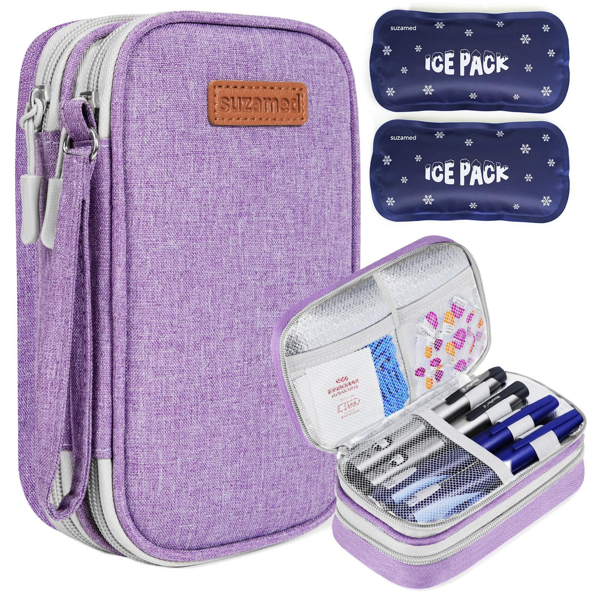 suzamed estuche frontal morado mostrando tamaño compacto y cierre seguro