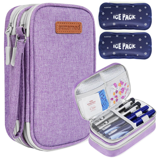 suzamed estuche frontal morado mostrando tamaño compacto y cierre seguro