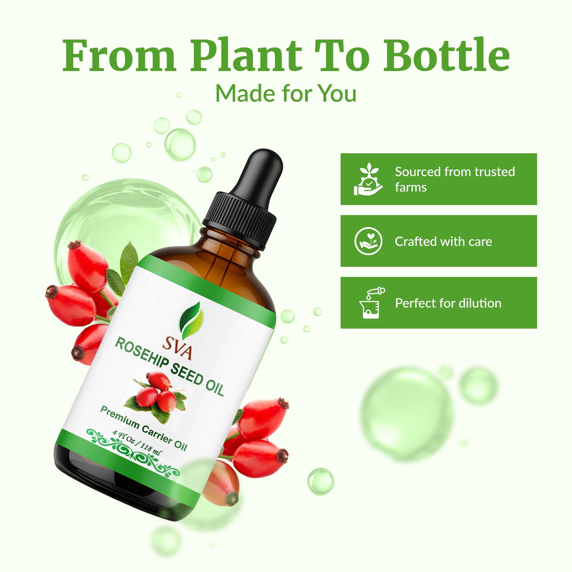 SVA ORGANICS botella junto a regla para comparar tamaño 118 ml