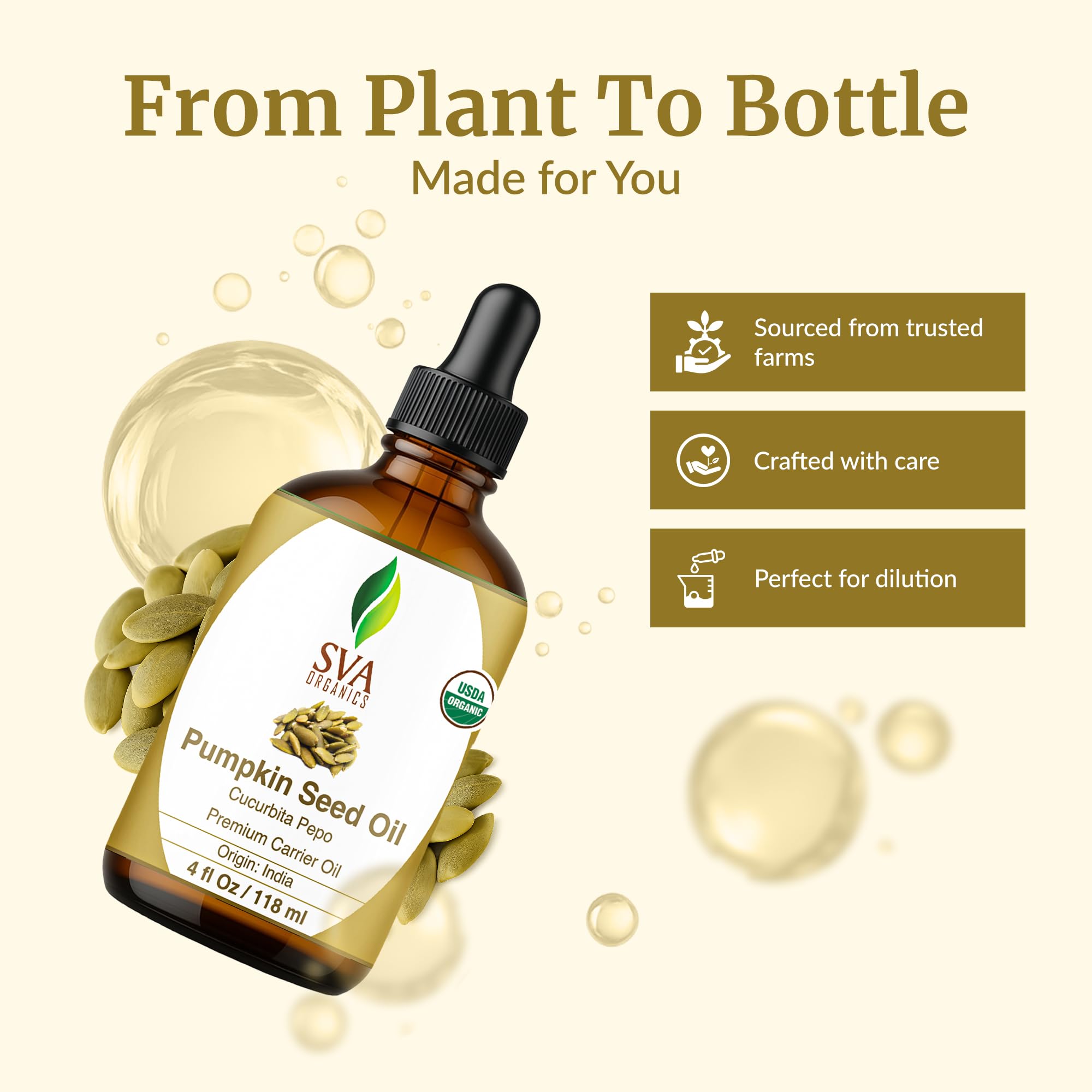 SVA ORGANICS frasco 118 ml junto a elementos para comparar tamaño