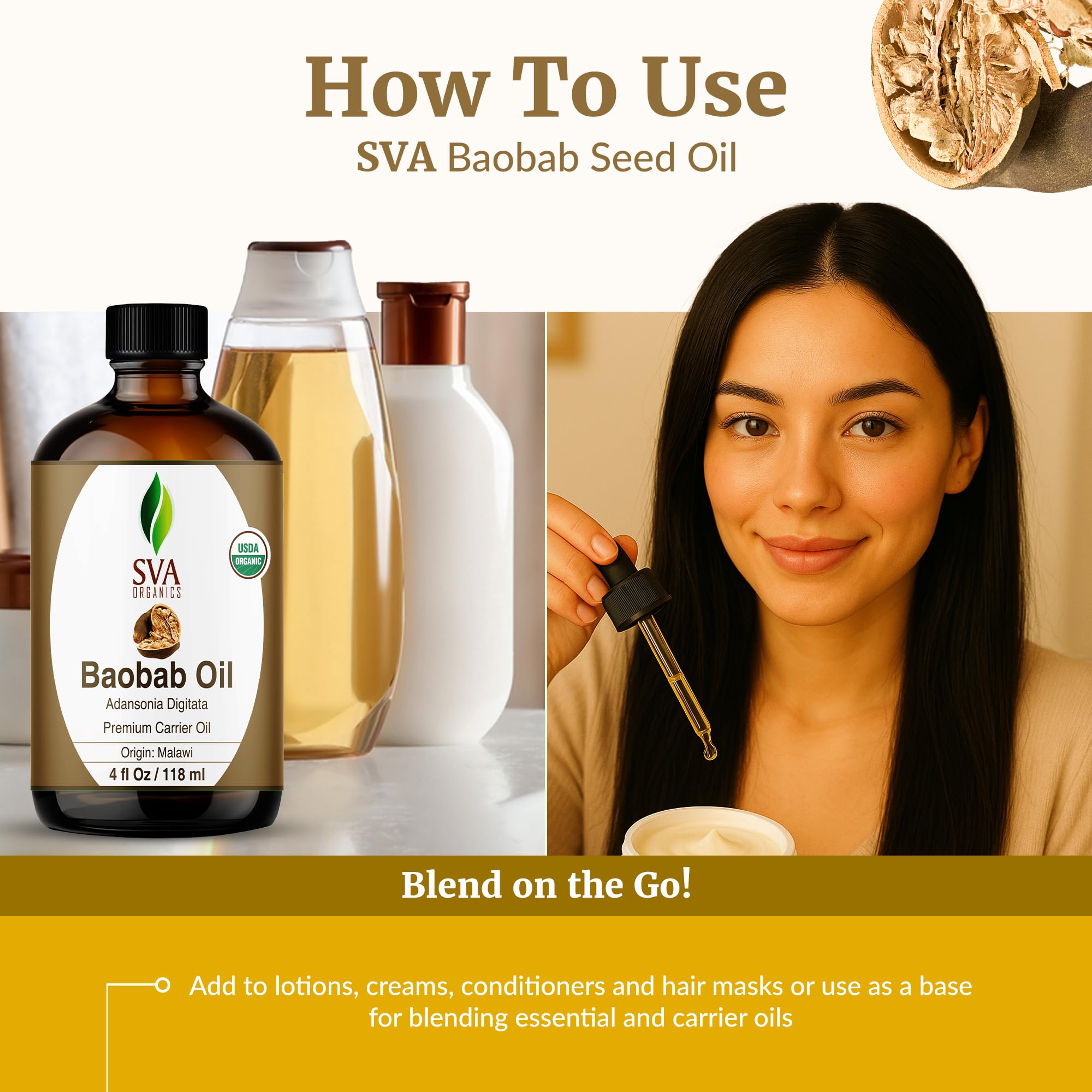SVA ORGANICS comparación de tamaño 118 ml en manos, práctico y portátil