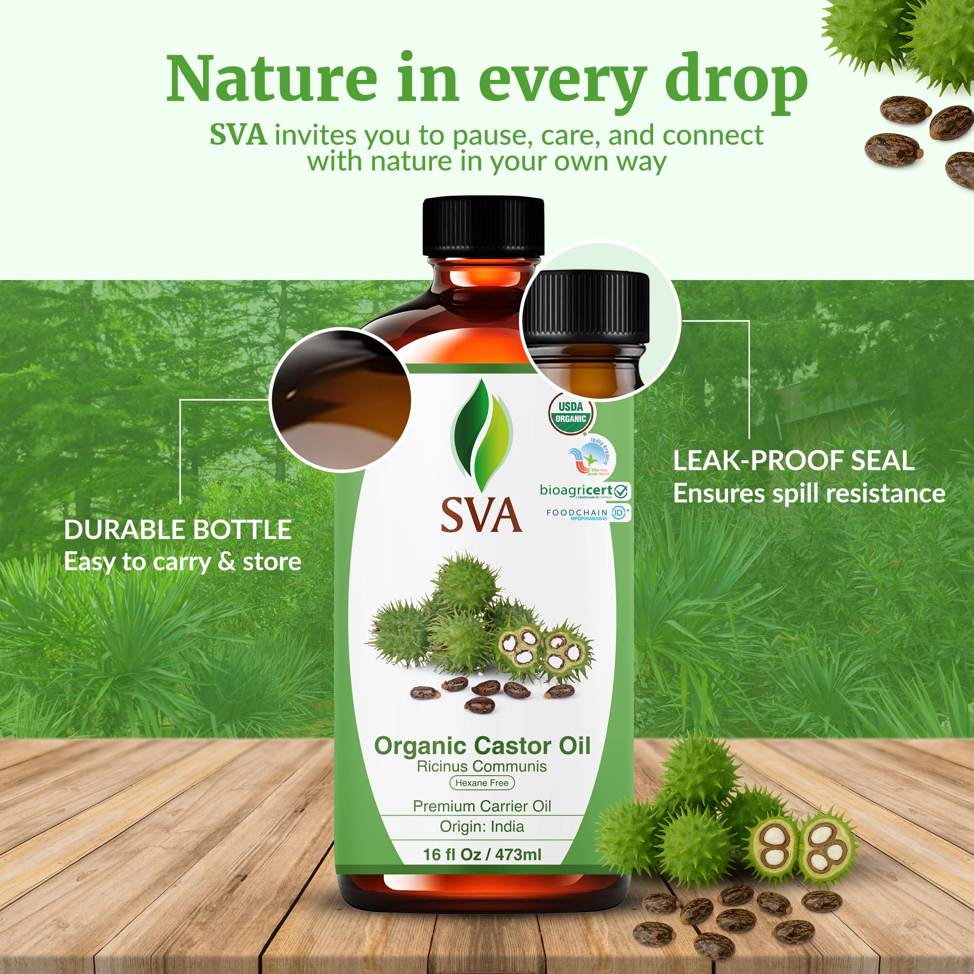 SVA ORGANICS etiqueta con información de prensado en frío y sin hexano como distintivo