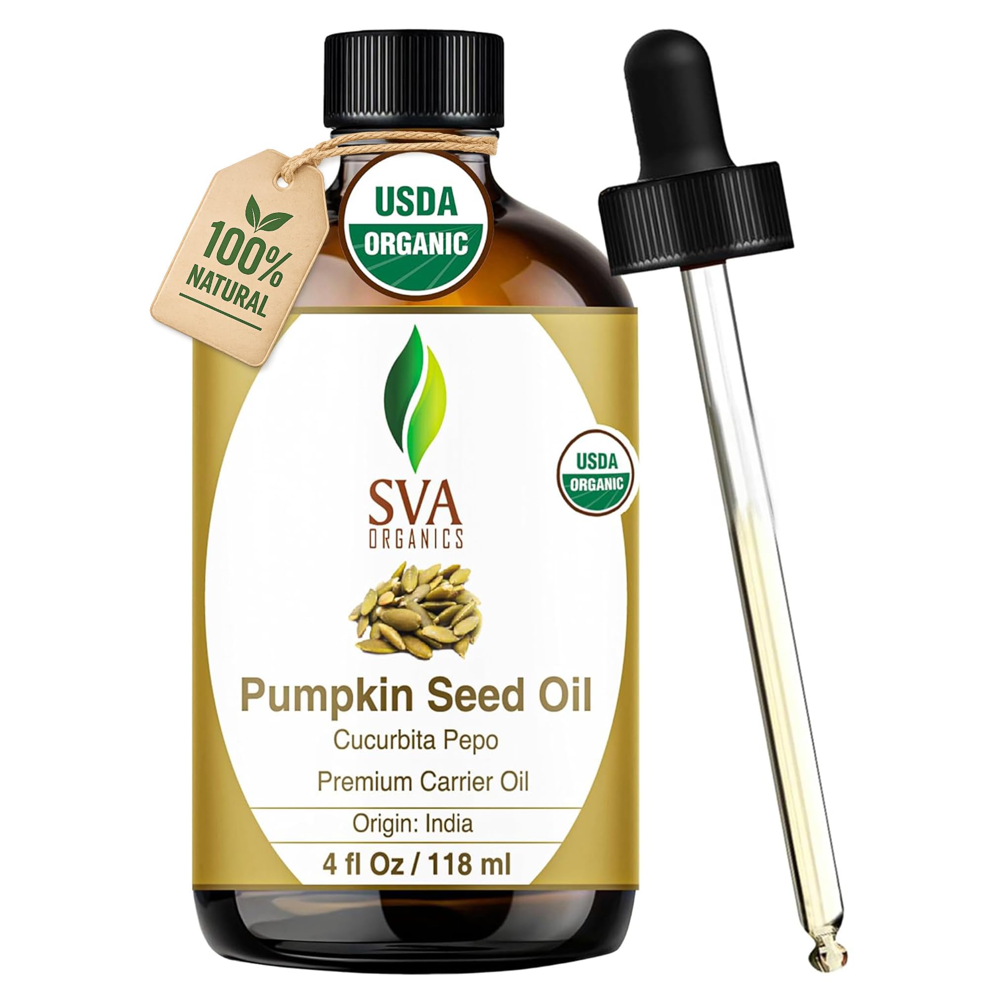 SVA ORGANICS frasco de cristal mostrando etiqueta y beneficios