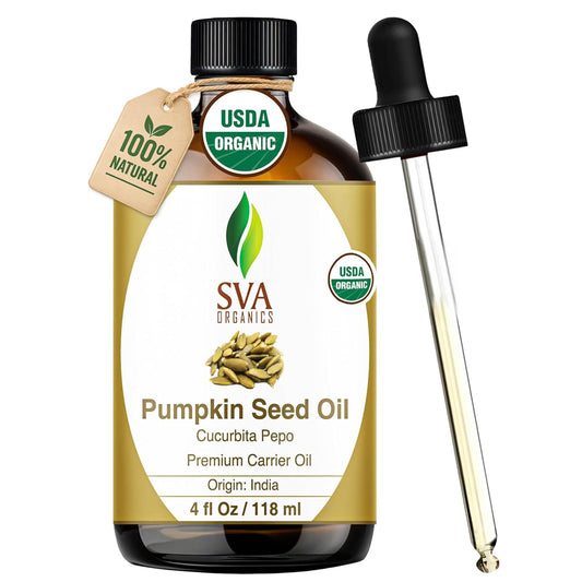 SVA ORGANICS frasco de cristal mostrando etiqueta y beneficios