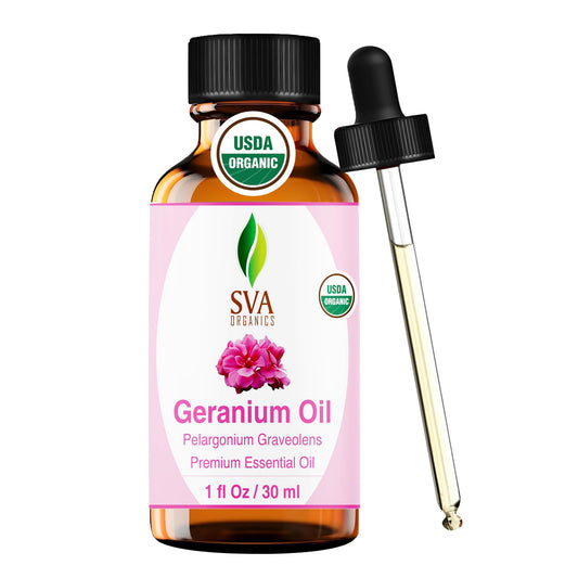 SVA ORGANICS frasco delantero de geranio muestra diseño y pureza