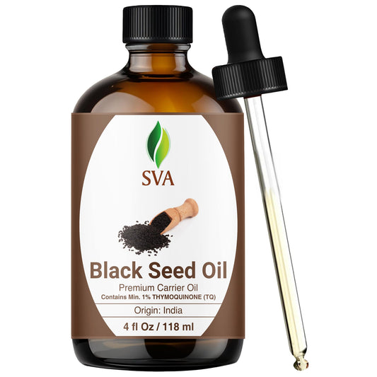 SVA ORGANICS frasco de vidrio ámbar con aceite semilla negra, presentación protectora