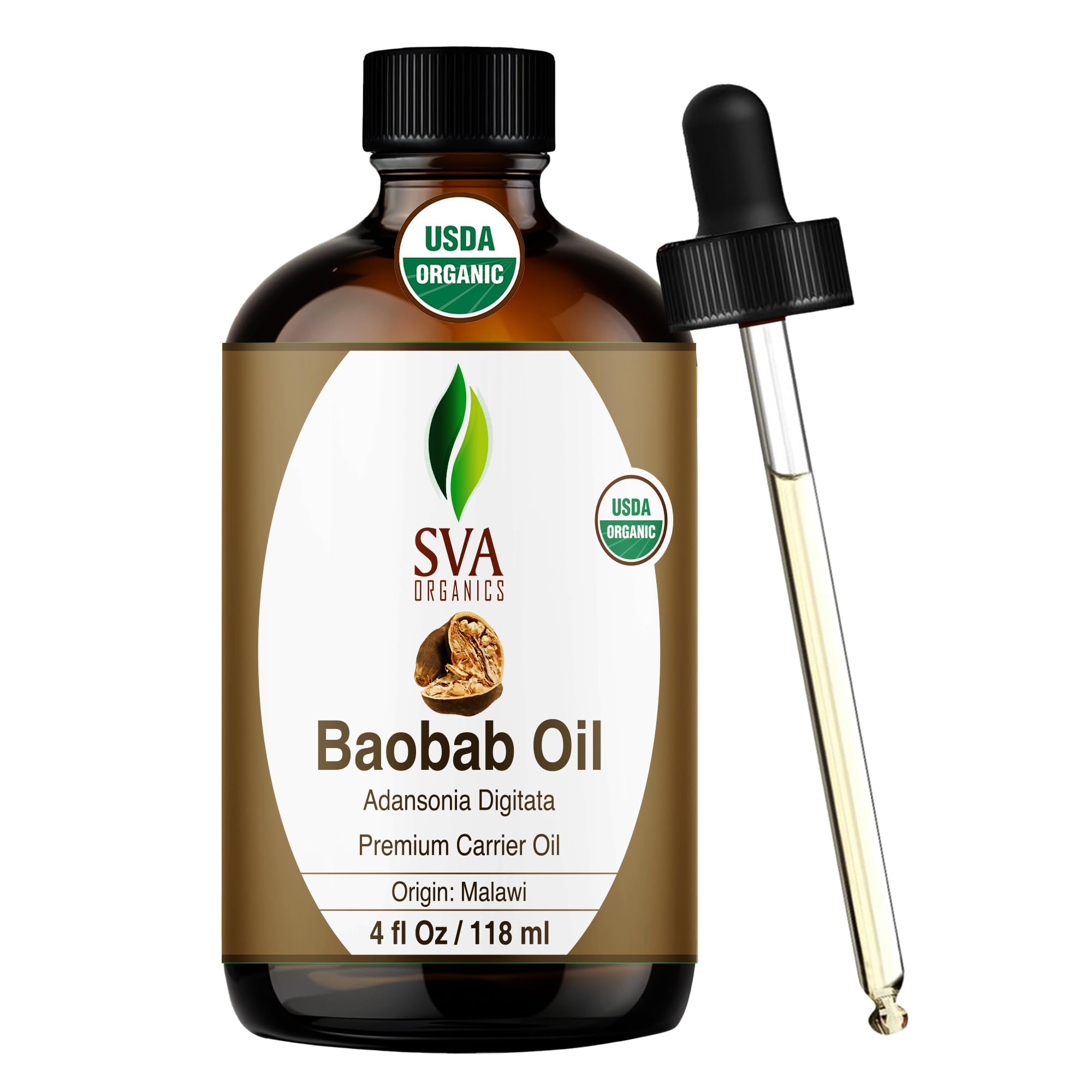 SVA ORGANICS frasco frontal de aceite de baobab, presentación clara y natural