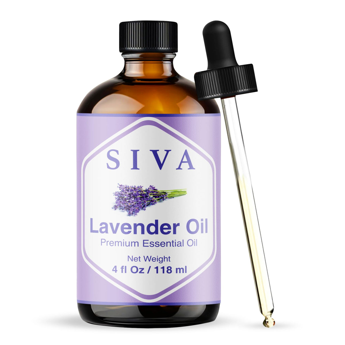 SVA ORGANICS botella frontal de aceite de lavanda, envase ámbar que conserva aroma