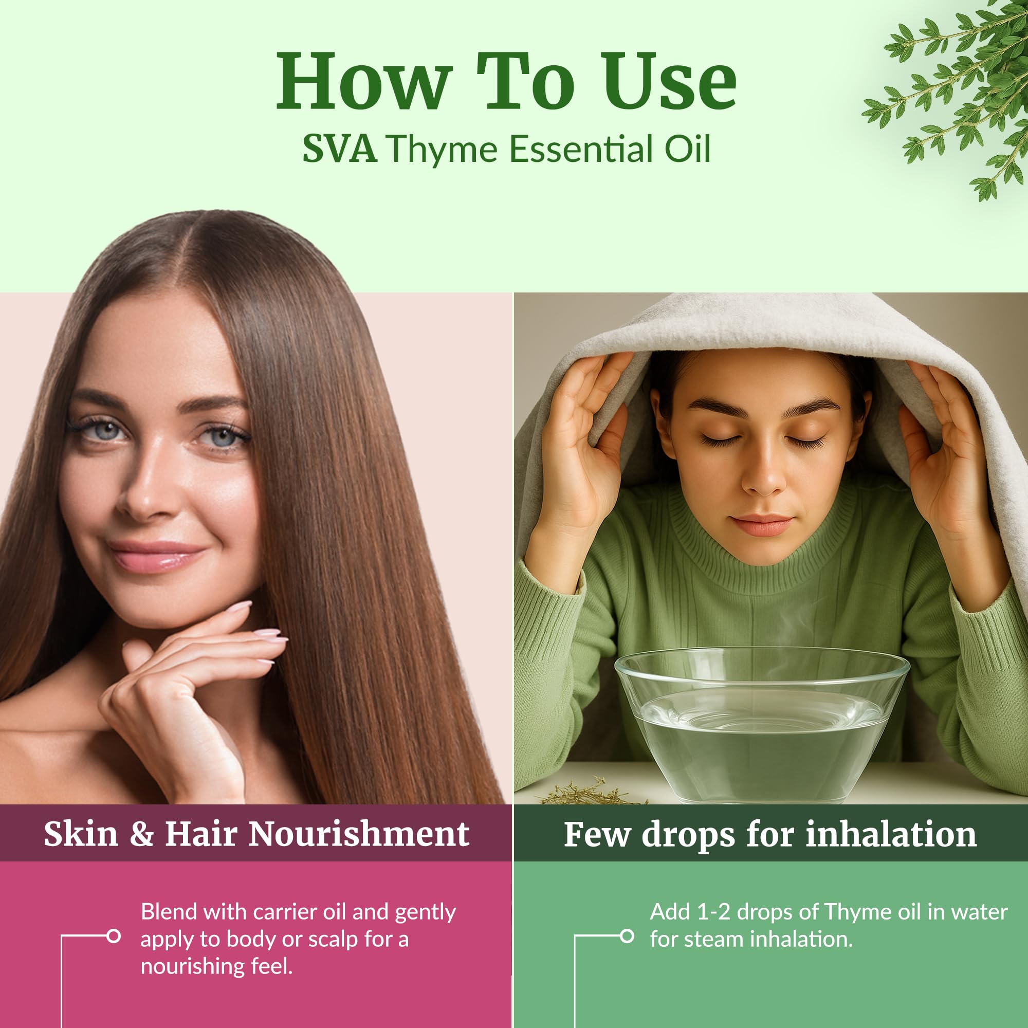 Aplicación en cabello con aceite de tomillo SVA ORGANICS mezclado en mano