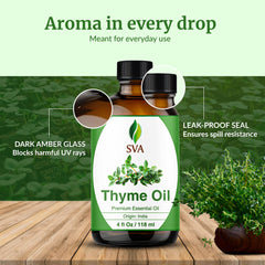 Etiqueta frontal de SVA ORGANICS Thyme mostrando información y presentación