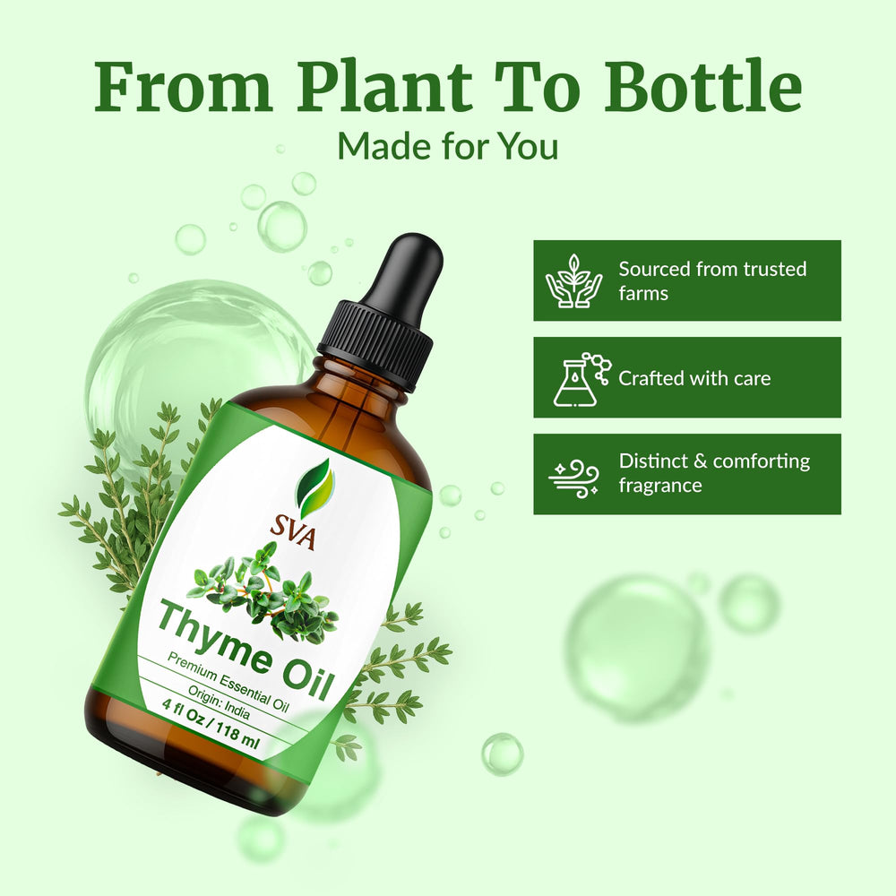 Mezcla DIY con aceite de tomillo SVA ORGANICS en botella para cosmética casera