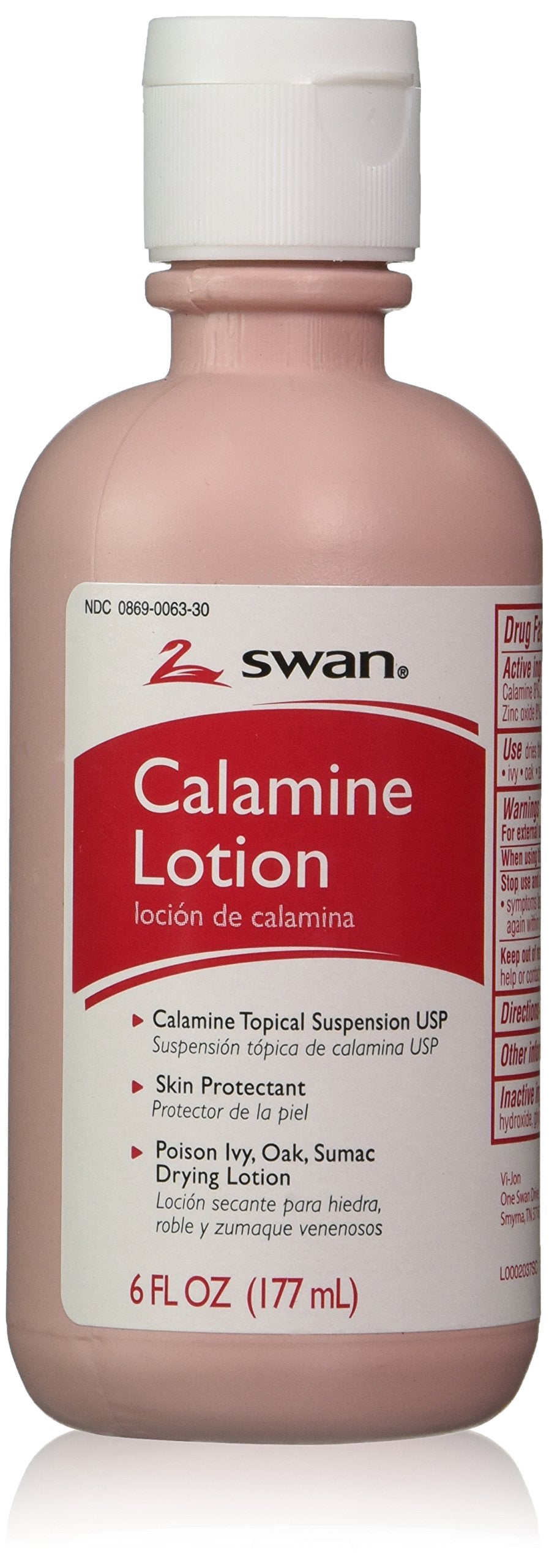Swan loción calamina vista frontal mostrando etiqueta y beneficios