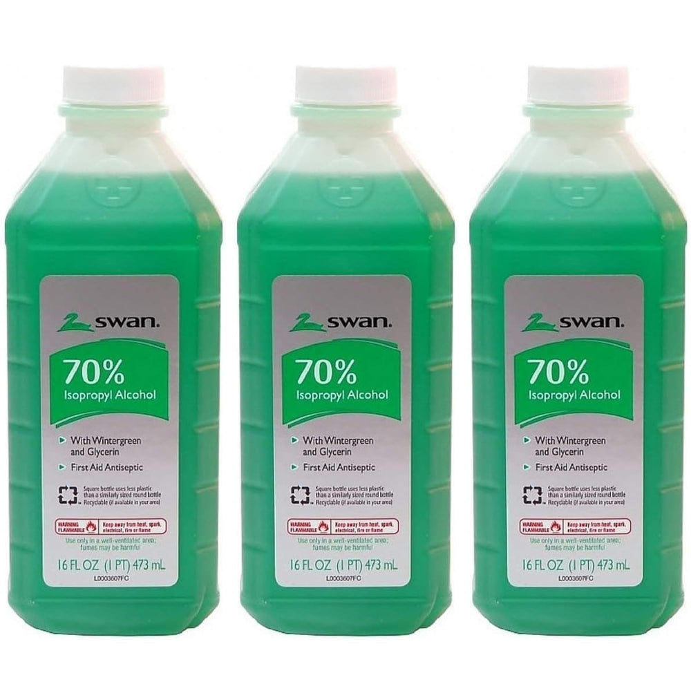 Swan frente paquete tres botellas 16 oz con aroma wintergreen, conveniente