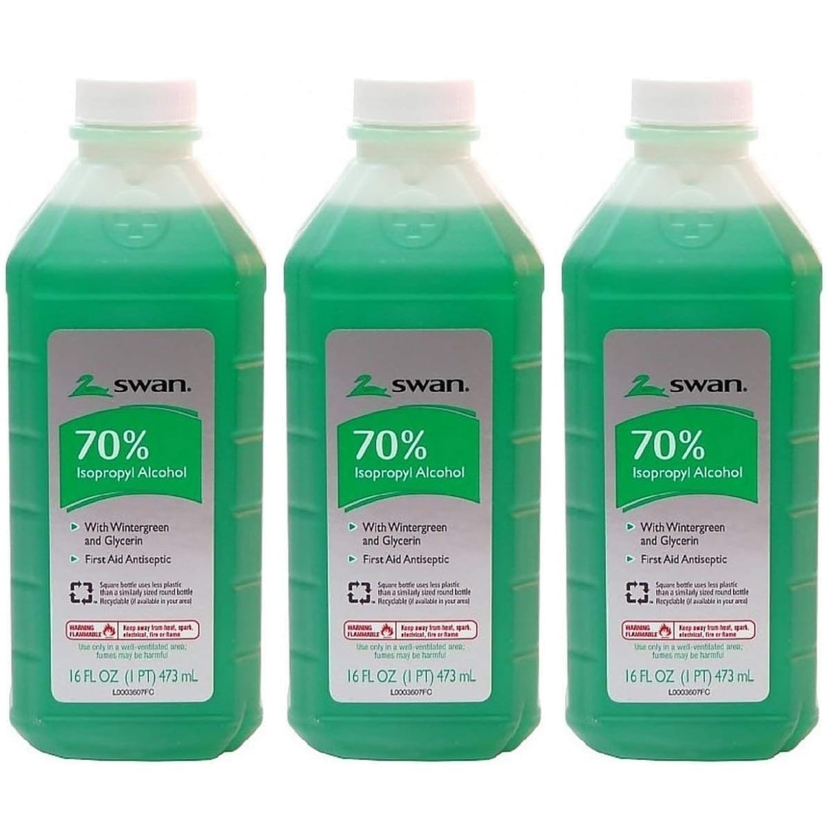 Swan frente paquete tres botellas 16 oz con aroma wintergreen, conveniente