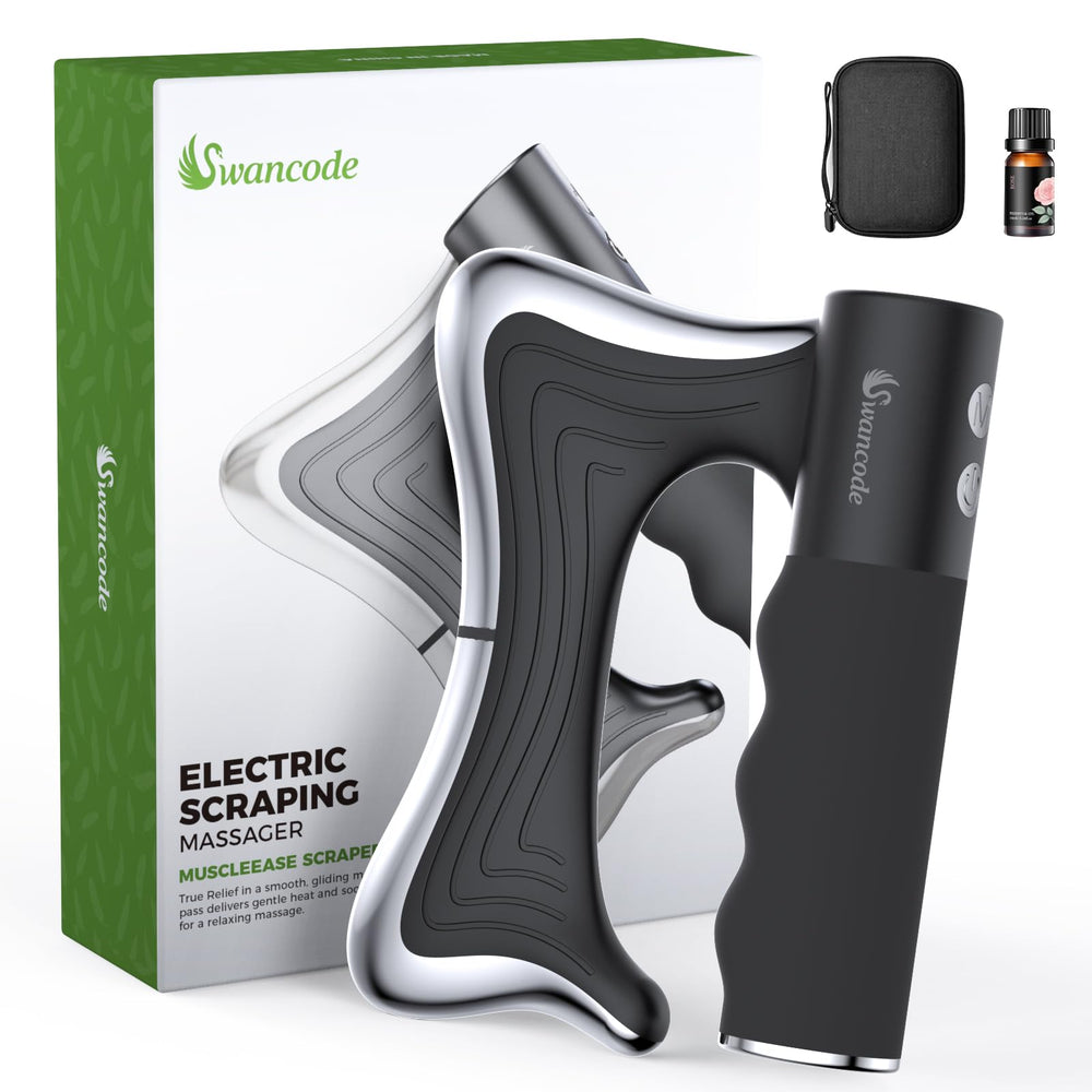 swancode vista frontal del masajeador portátil con control LED y acabado ergonómico
