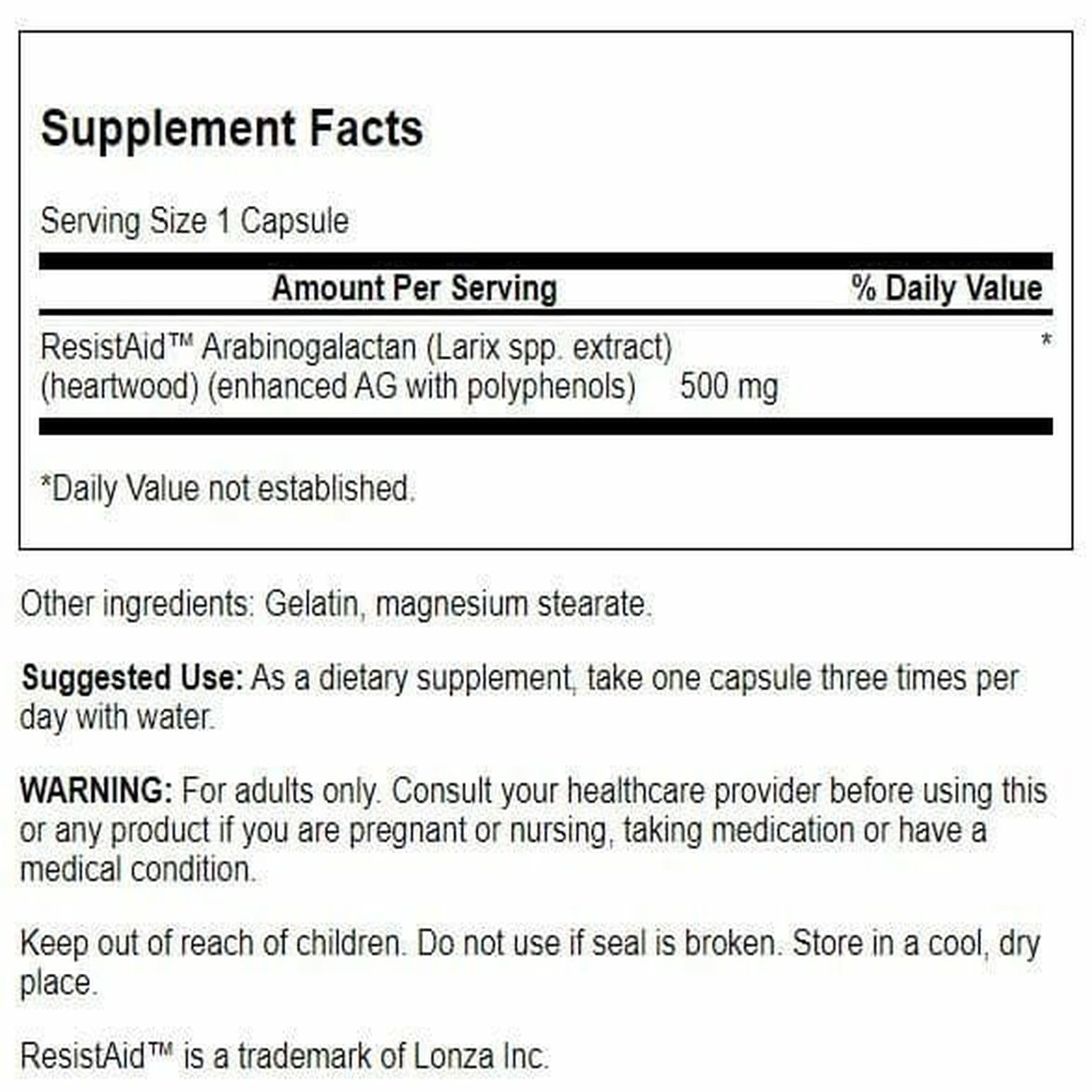 Frasco de Swanson Arabinogalactano, cápsulas para uso diario y fácil almacenamiento.