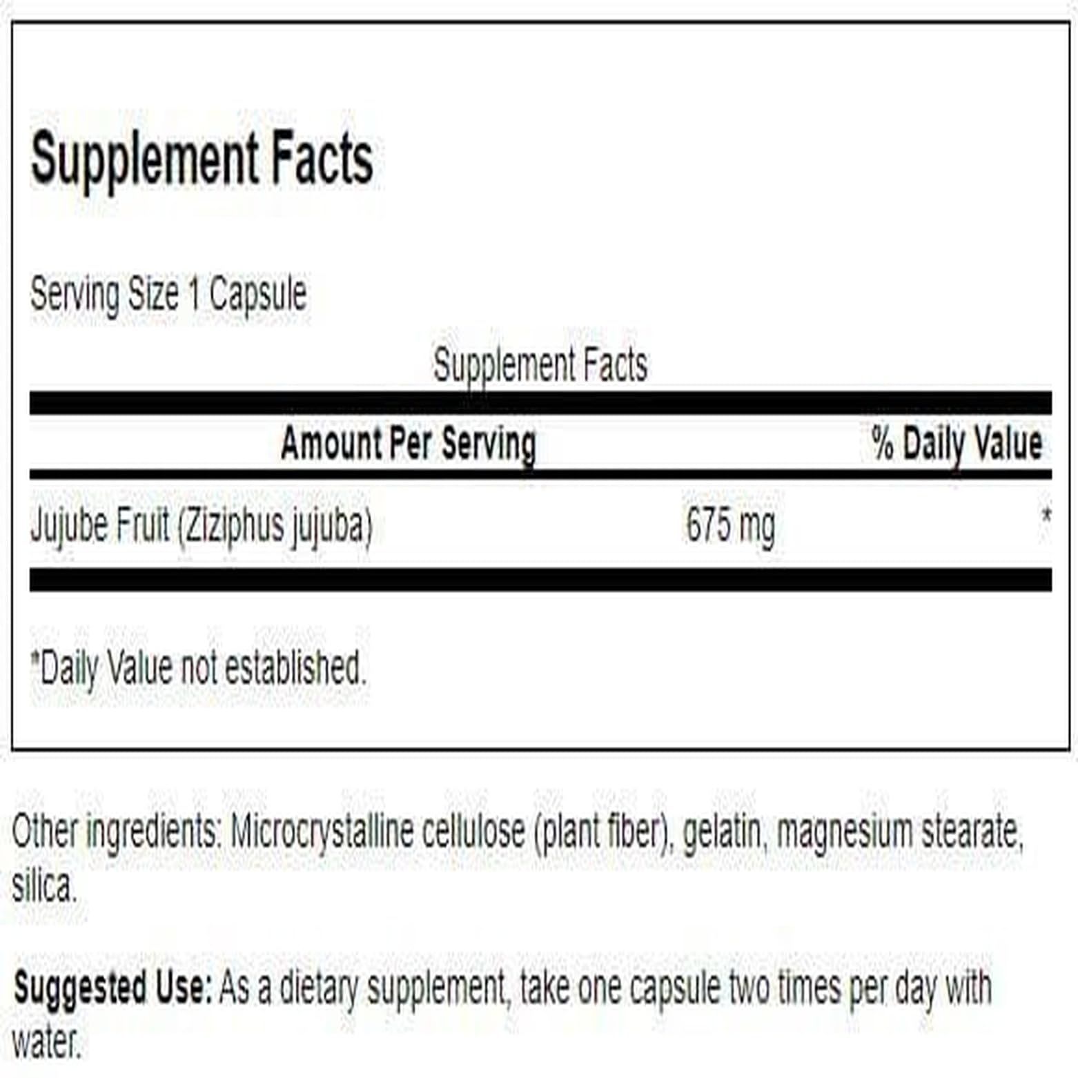 Detalle de cápsula Swanson azufaifa-fruta, fácil de tragar para uso diario.