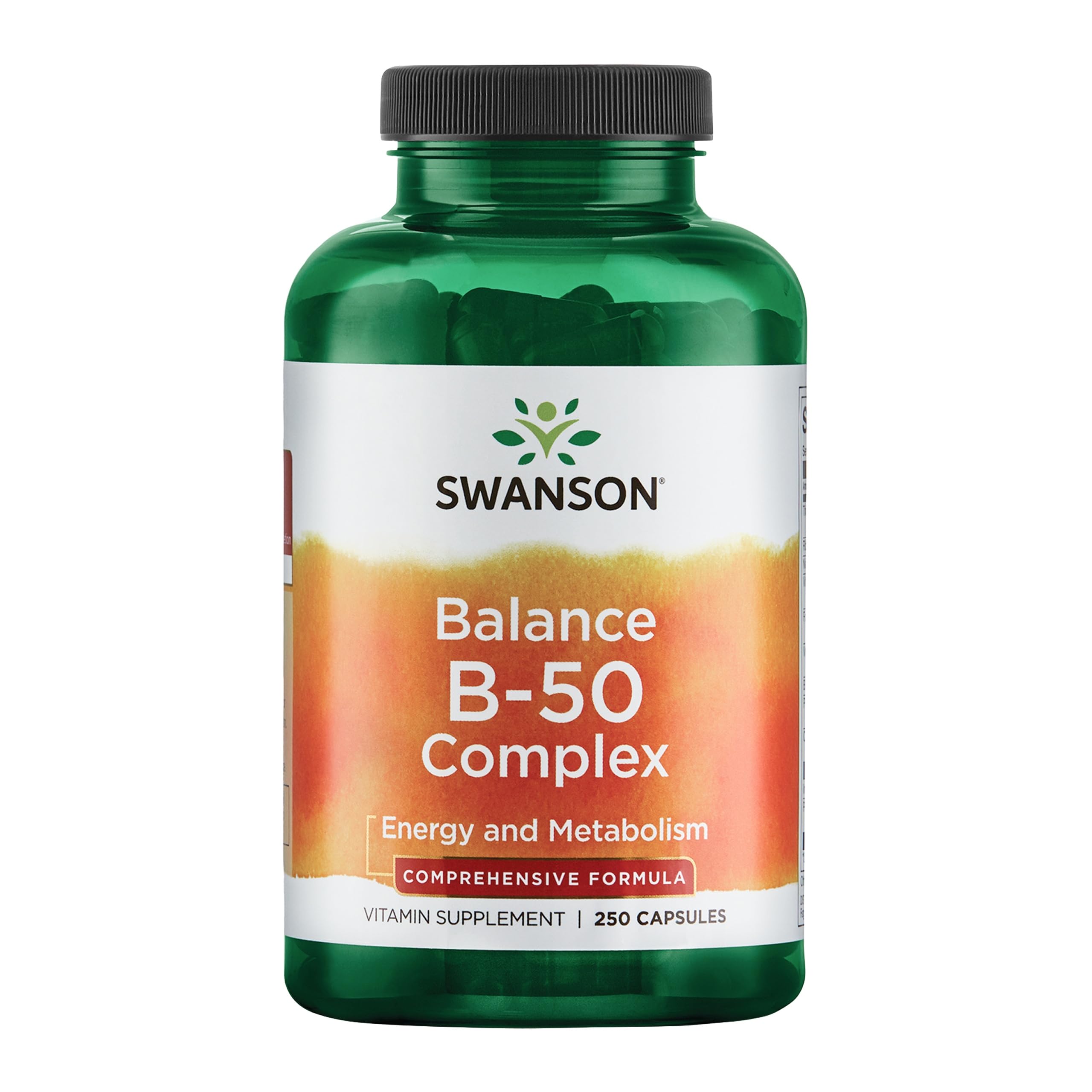 Swanson B-50 Balance bottle front shows high-potency B vitamins for daily energy support.