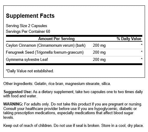 Swanson Canela Fenogrejo Gymnema cápsulas, etiqueta frontal para reconocimiento y compra segura.