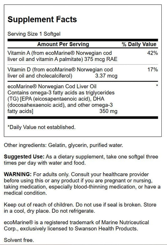 Swanson Capsulas de Aceite de Higado de Bacalao: absorcion eficiente para piel y ojos