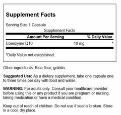 Swanson CoQ10 etiqueta detalla ingredientes y beneficios clave para la toma diaria.