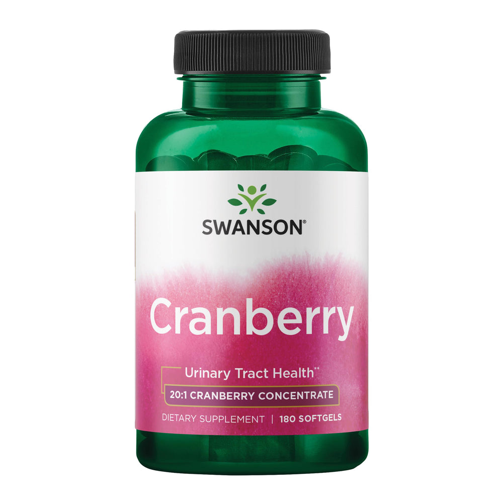 Swanson Cranberry cápsulas blandas en frasco, apoyo diario al tracto urinario.