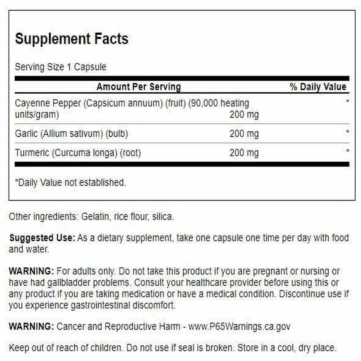 Swanson cúrcuma ajo cayena: etiqueta frontal con ingredientes clave