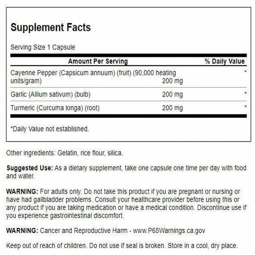 Swanson cúrcuma ajo cayena: etiqueta frontal con ingredientes clave