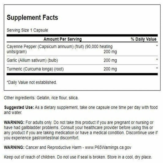 Swanson cúrcuma ajo cayena: etiqueta frontal con ingredientes clave