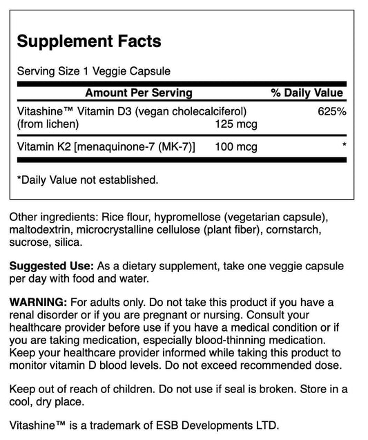 Etiqueta frontal de Swanson D3 K2 indica formato vegano y sin gluten.