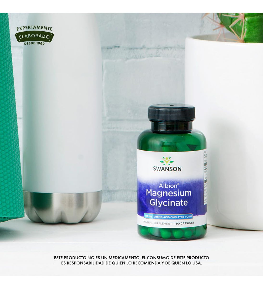 Swanson Albion Chelated Magnesium detalle del glicinato, enfoque en absorción mejorada
