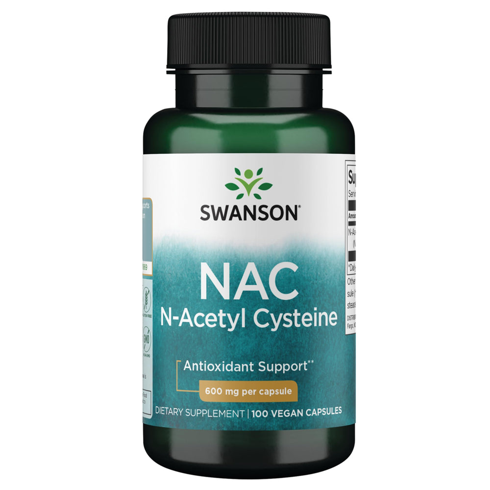 Swanson frasco frontal NAC 600 mg mostrando el envase y beneficio antioxidante