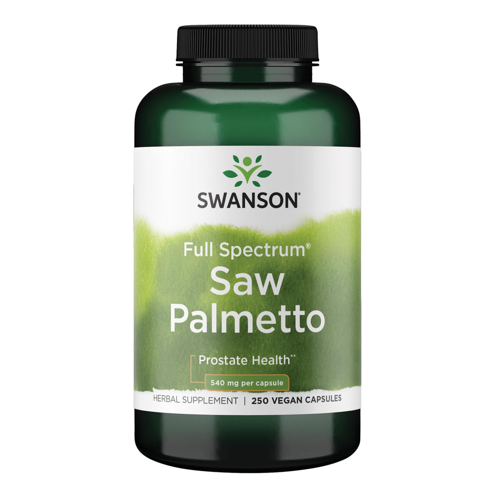 Swanson frasco frontal Saw Palmetto mostrando presentación y beneficio de suministro prolongado