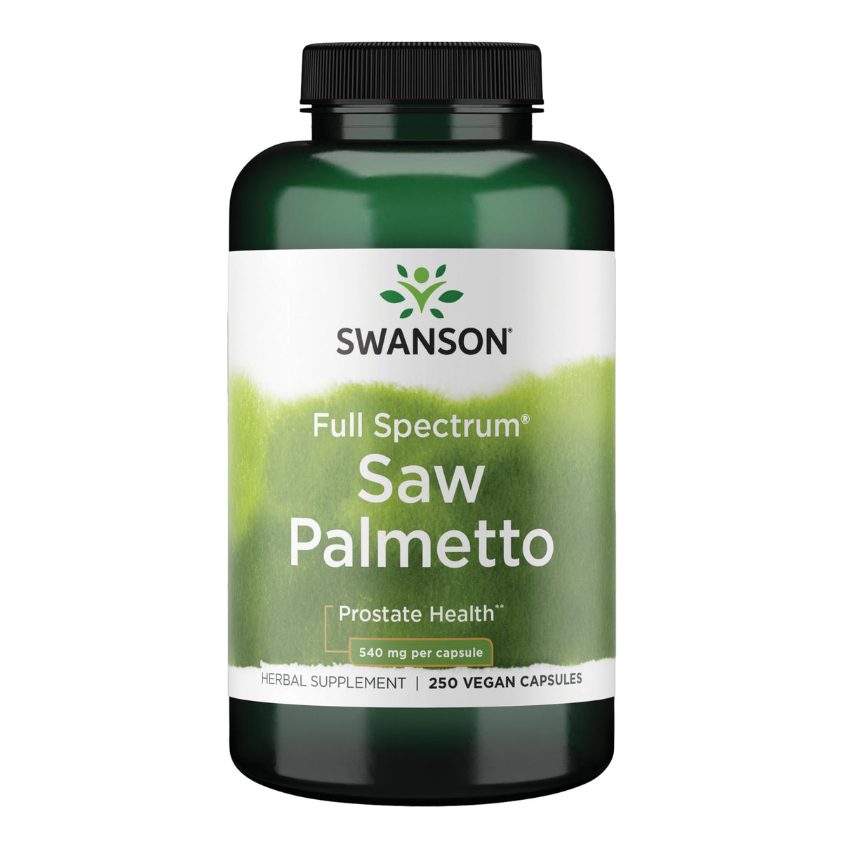 Swanson frasco frontal Saw Palmetto mostrando presentación y beneficio de suministro prolongado